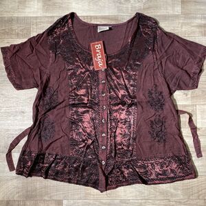 Braja Exclusives Womens 3L Red Black Artsy Embroidered Rayon Shirt Top